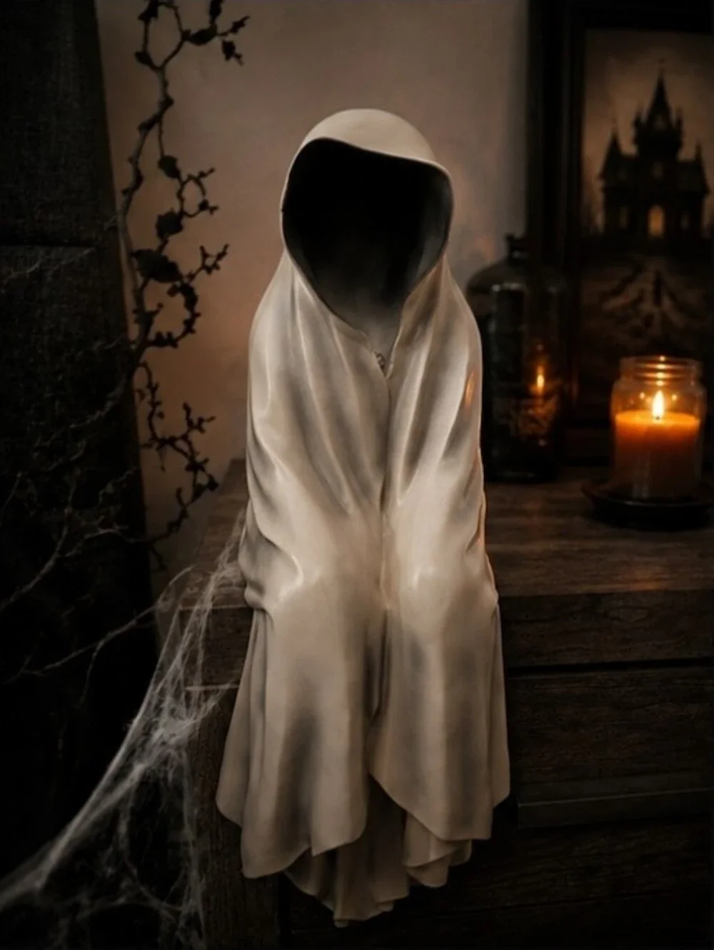 Hallows Eve White Grim Reaper Ghost Sitting Halloween Decor Light Up Viral New